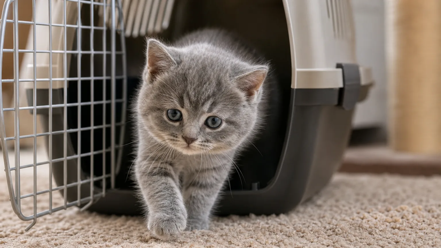 A grey kitten stepping out of an open pet carrier