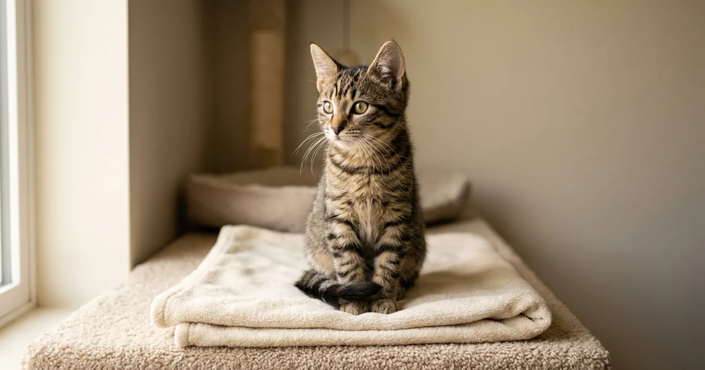 A tabby kitten sitting upright on a folded blanket