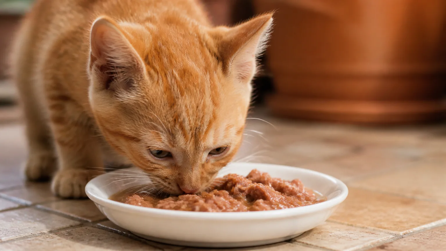 A ginger kitten eating wet food from a white bowl