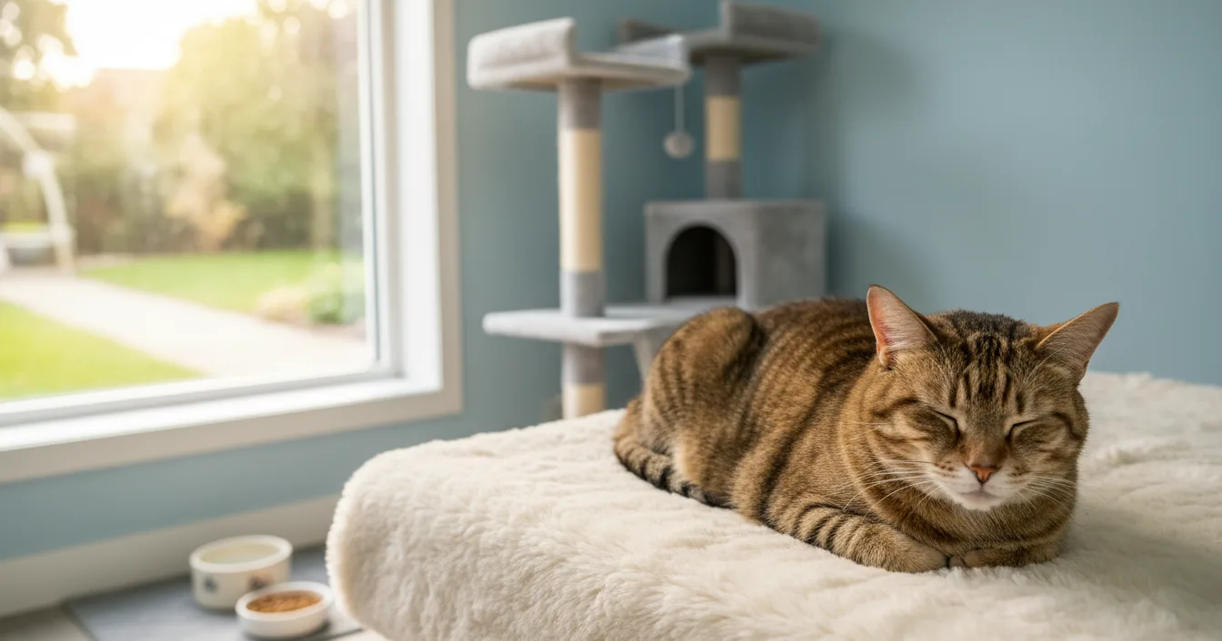 An older tabby cat resting on soft bedding in a calm, ground-level boarding suite.