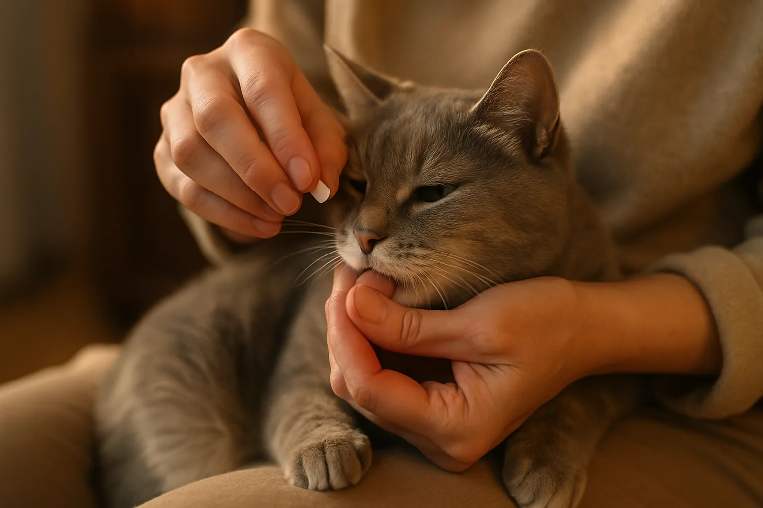 A caregiver gently giving a pill to a calm senior grey cat held in their lap.
