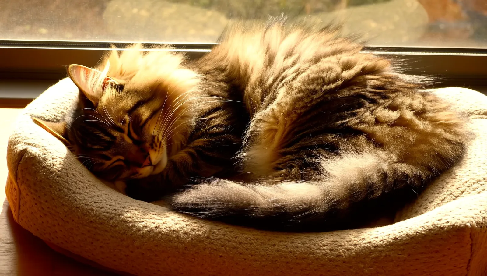 A fluffy older cat curled up asleep on a soft orthopedic bed in warm window light.