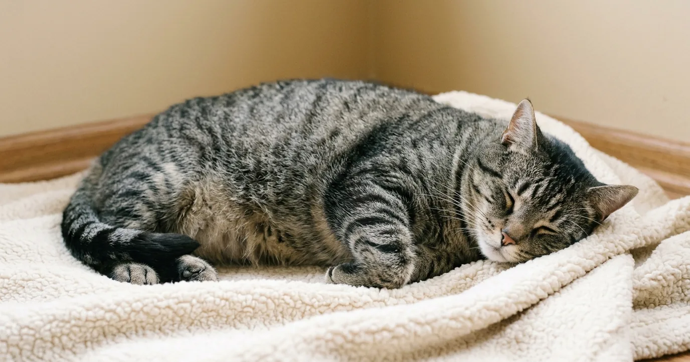 Overweight grey tabby cat asleep on a blanket