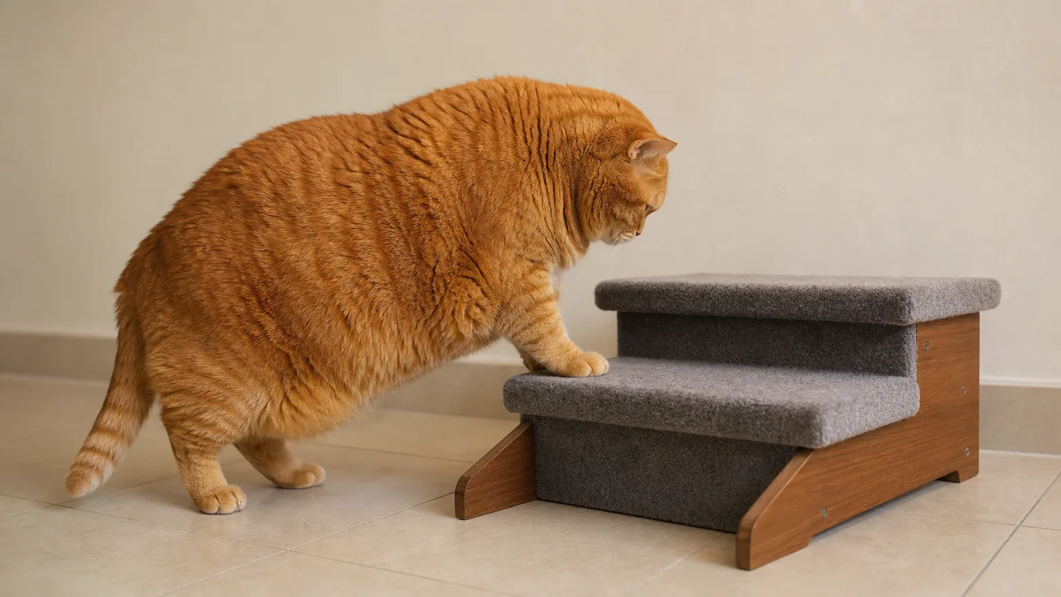Overweight ginger cat climbing carpeted pet steps