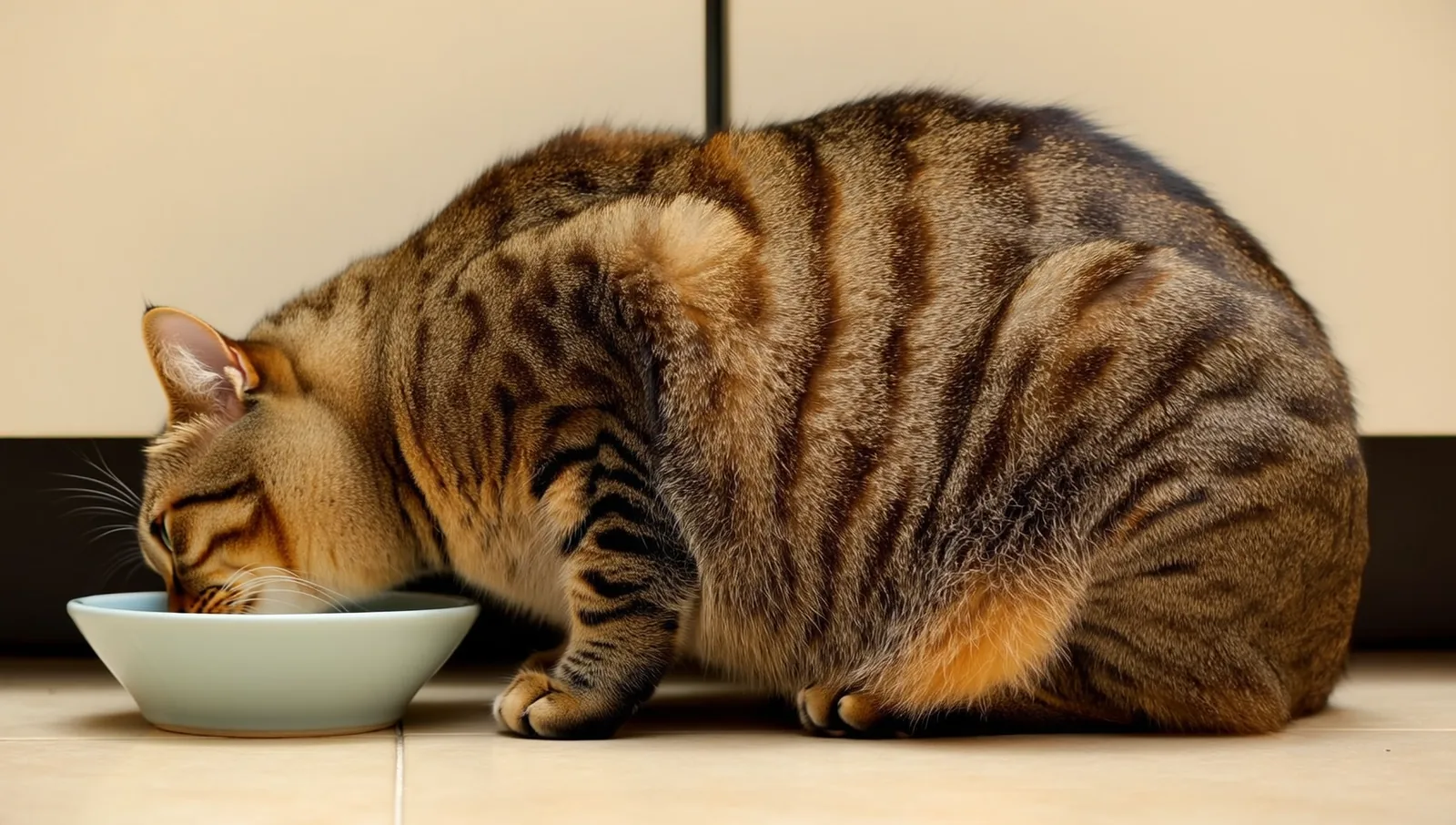 Overweight tabby cat eating from a shallow bowl