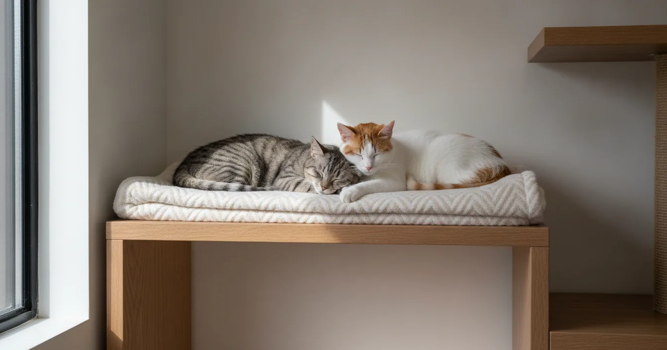 A grey tabby and a white and ginger cat curled up asleep touching each other on a blanket on a wooden shelf in a bright cat boarding suite.