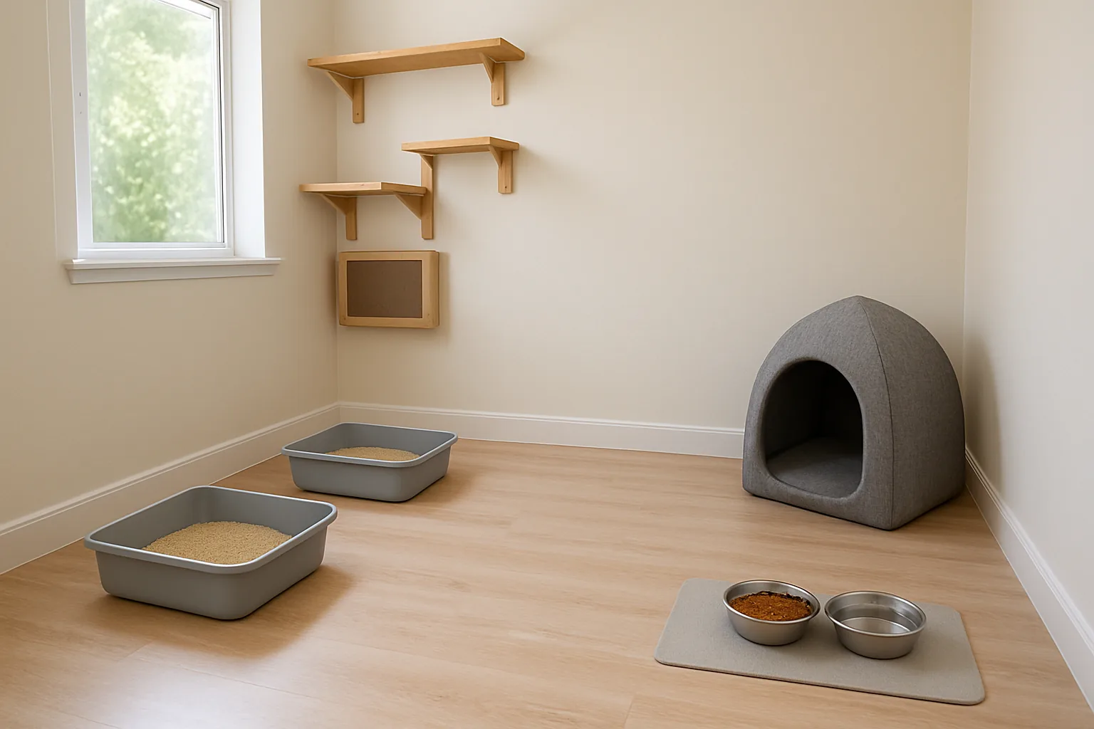 A bright cat boarding room with two large uncovered litter trays spaced apart on the floor at one end and two food bowls on a mat at the opposite end, beside a covered cat bed.