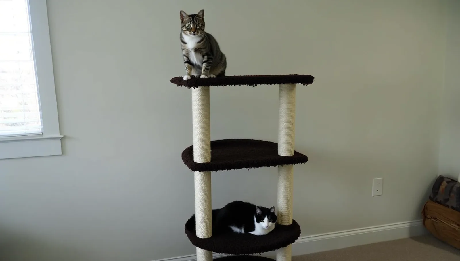 A tabby cat sitting on the top platform of a tall freestanding carpeted cat tower while a black and white cat rests on a lower platform of the same tower.