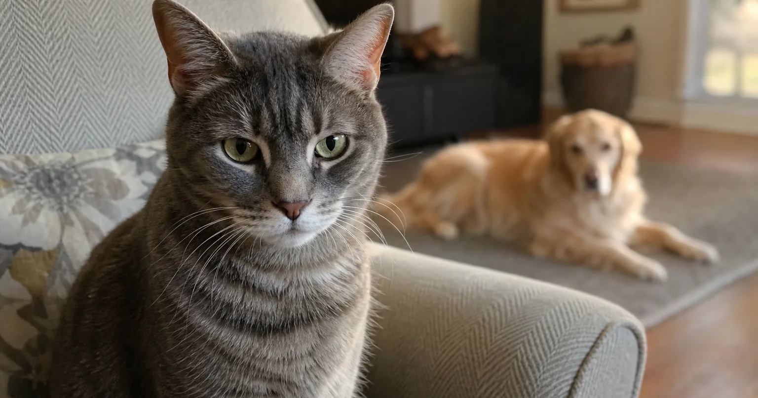 Grey tabby cat on an armchair with a dog behind