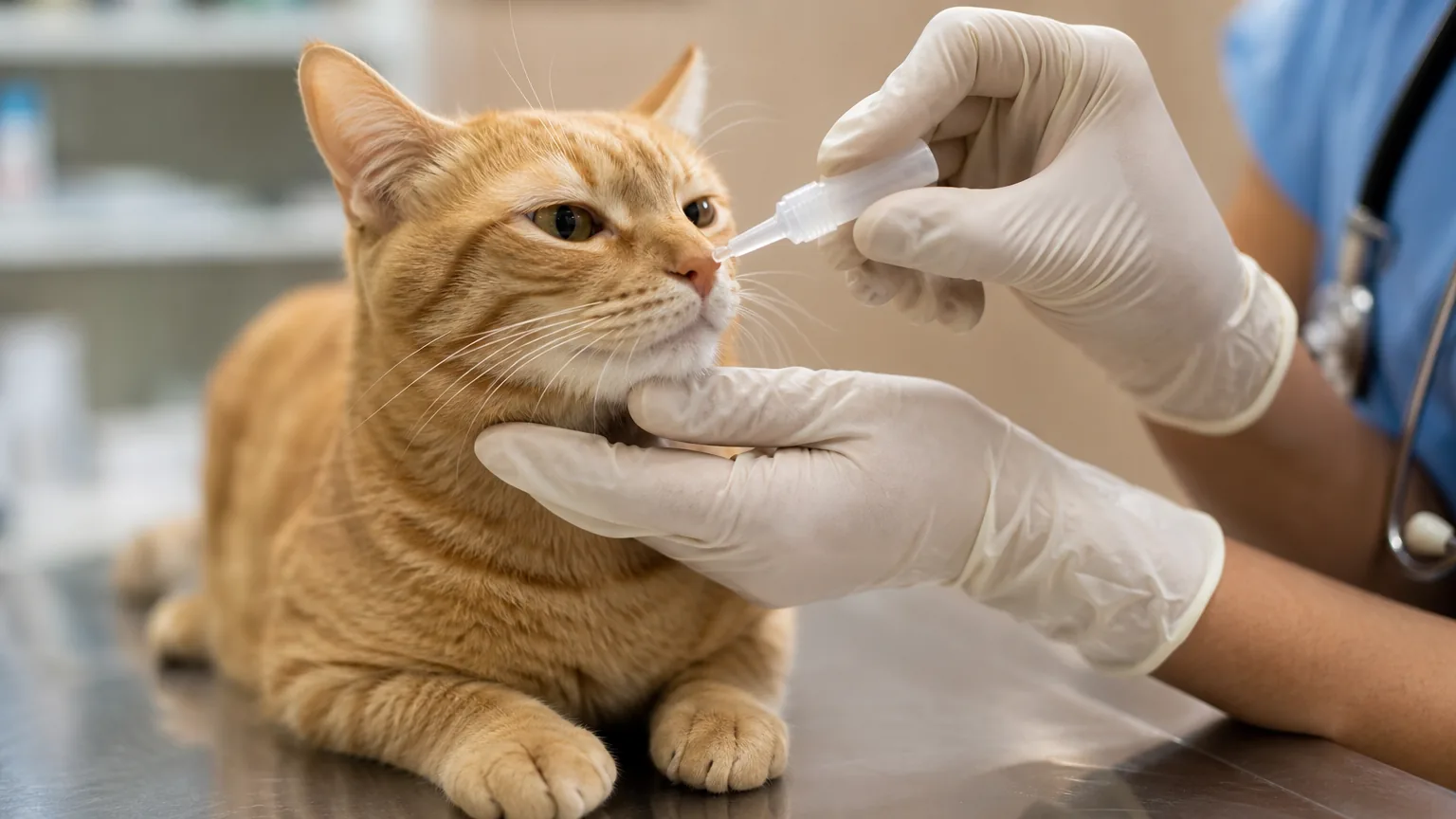 Vet giving nose drops to an orange tabby cat