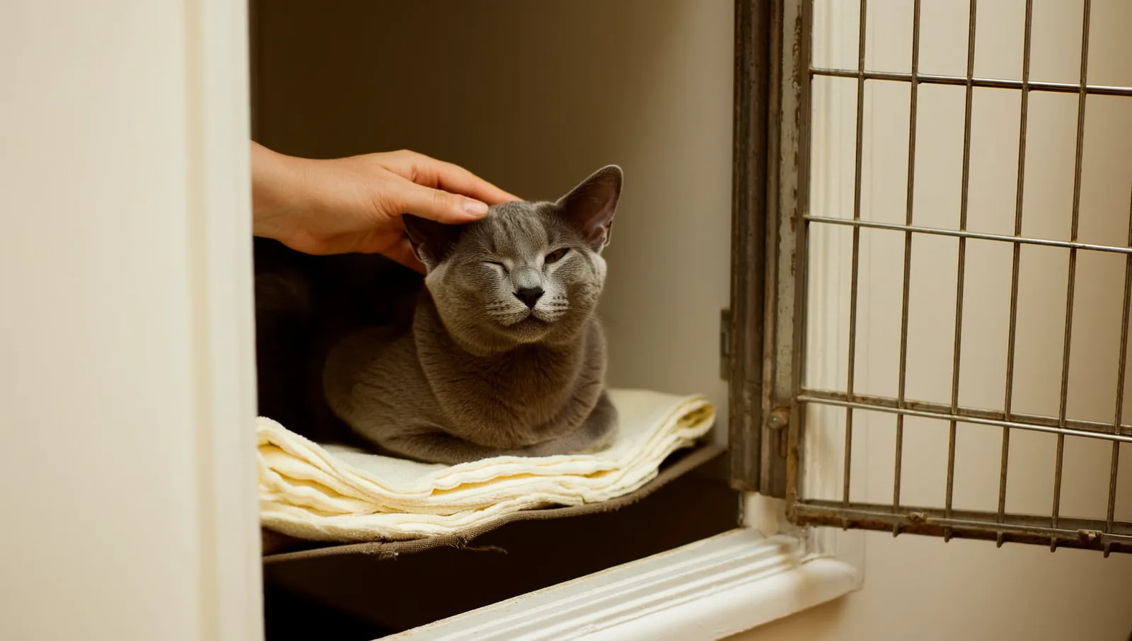 Hand stroking a grey cat inside a cattery unit