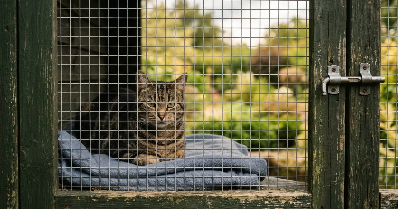 Tabby cat behind wire mesh in a wooden cattery pen