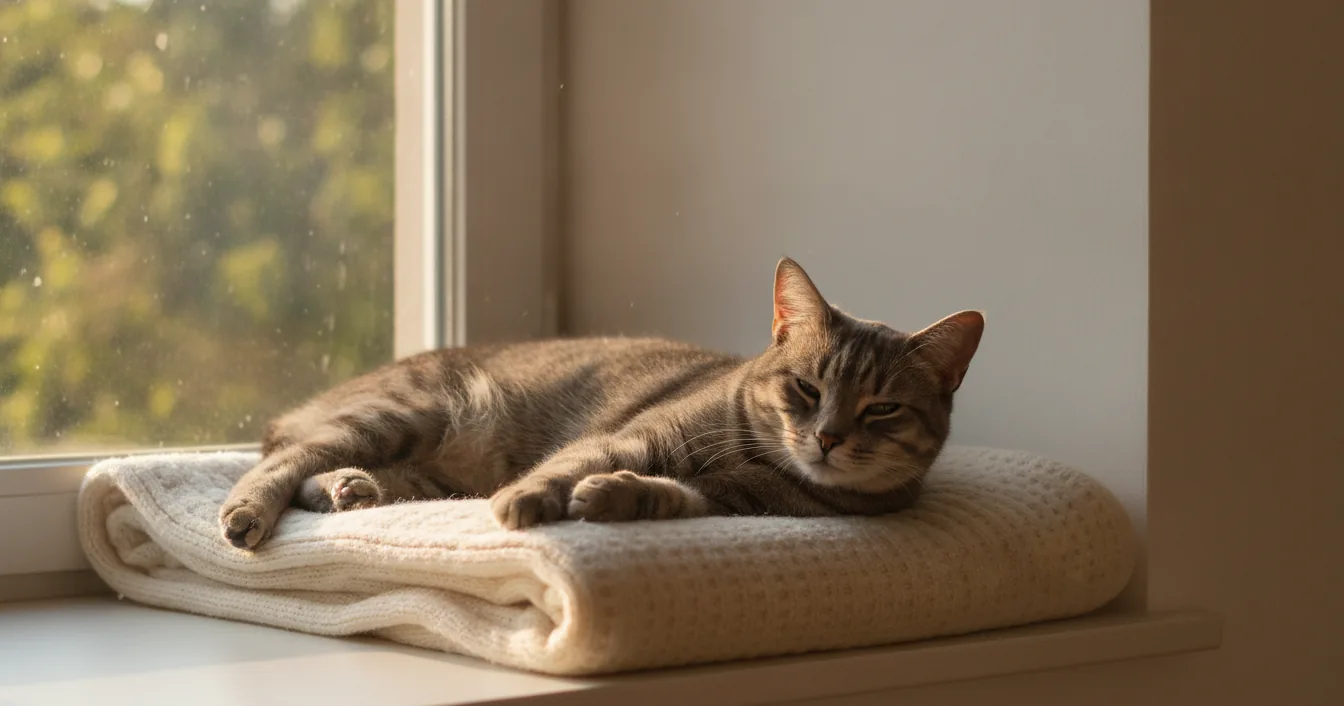 A relaxed tabby cat lying on a folded cream blanket on a sunlit windowsill in a quiet room.
