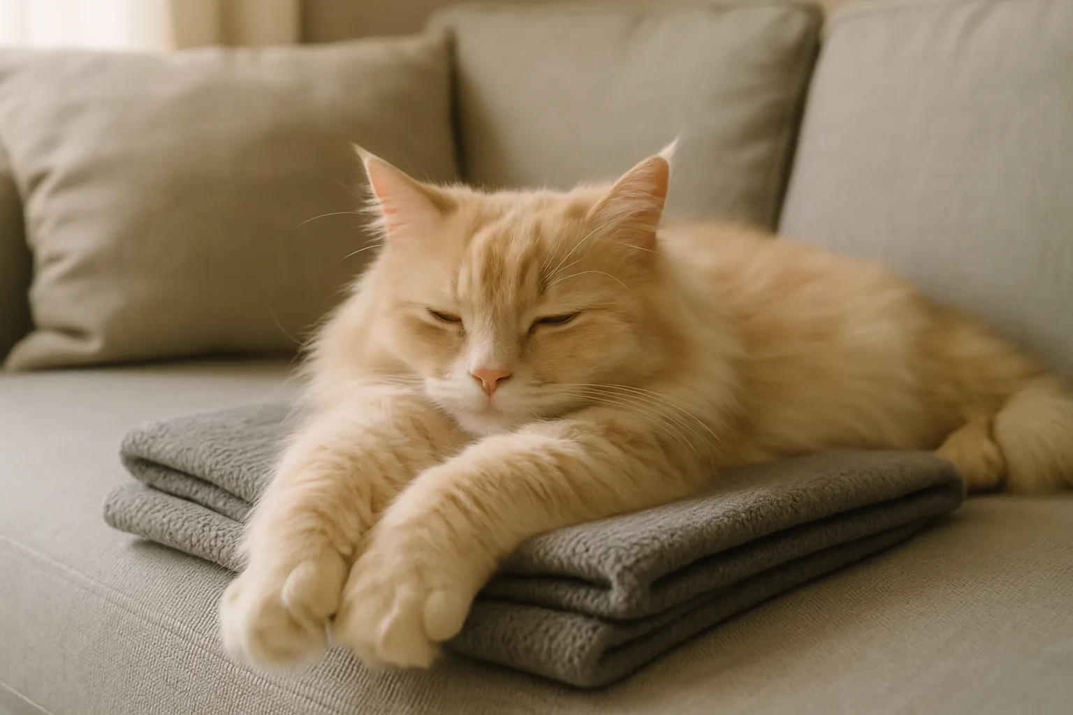 A drowsy cream longhaired cat lying flat and completely relaxed on a folded grey blanket on a sofa.