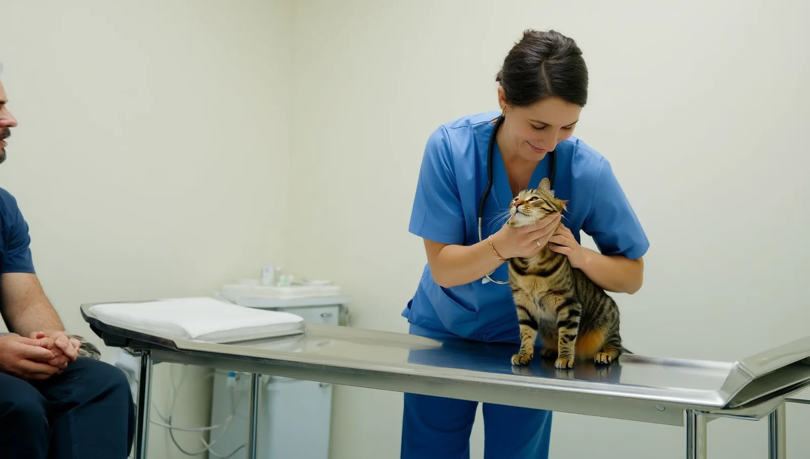 A veterinarian in blue scrubs gently steadying a tabby cat on a stainless steel examination table while its owner sits nearby.