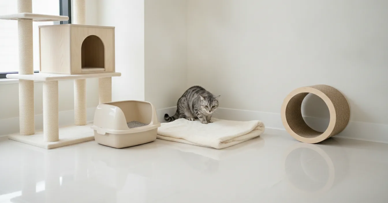 A tabby cat crouched low on a folded blanket in a bright boarding suite, beside a litter tray, a carpeted cat tree, and a cardboard scratcher.