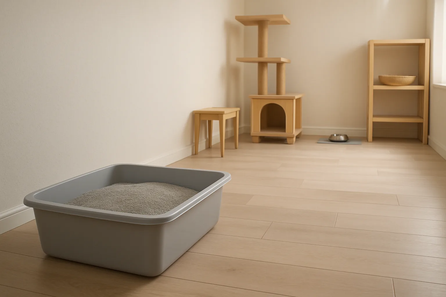 A large uncovered litter tray on the floor at one end of a bright cat boarding room, with the food bowl set far away at the opposite end.