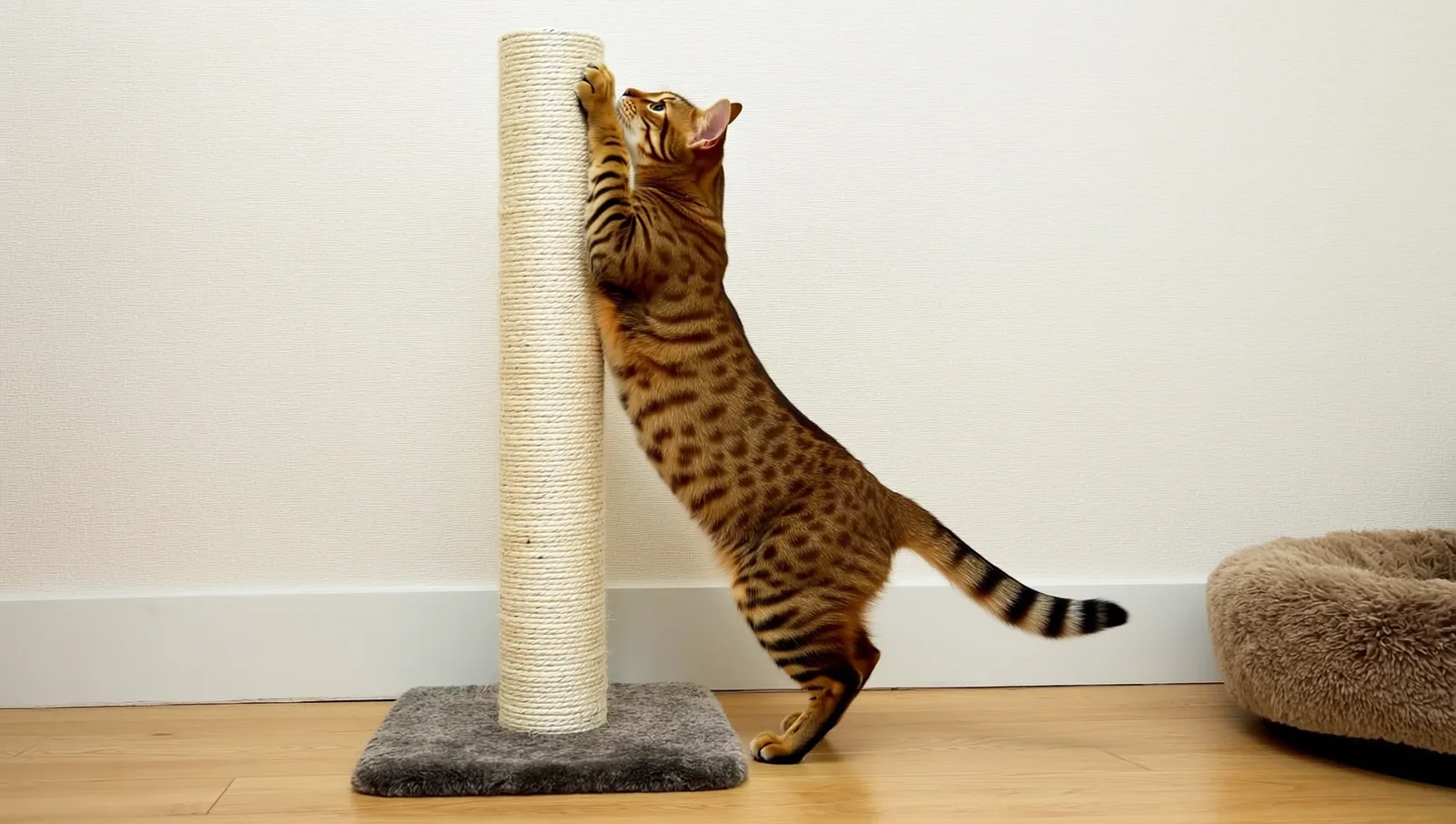 A tabby cat stretching upward with its front paws against a tall sisal-wrapped scratching post on a weighted base.