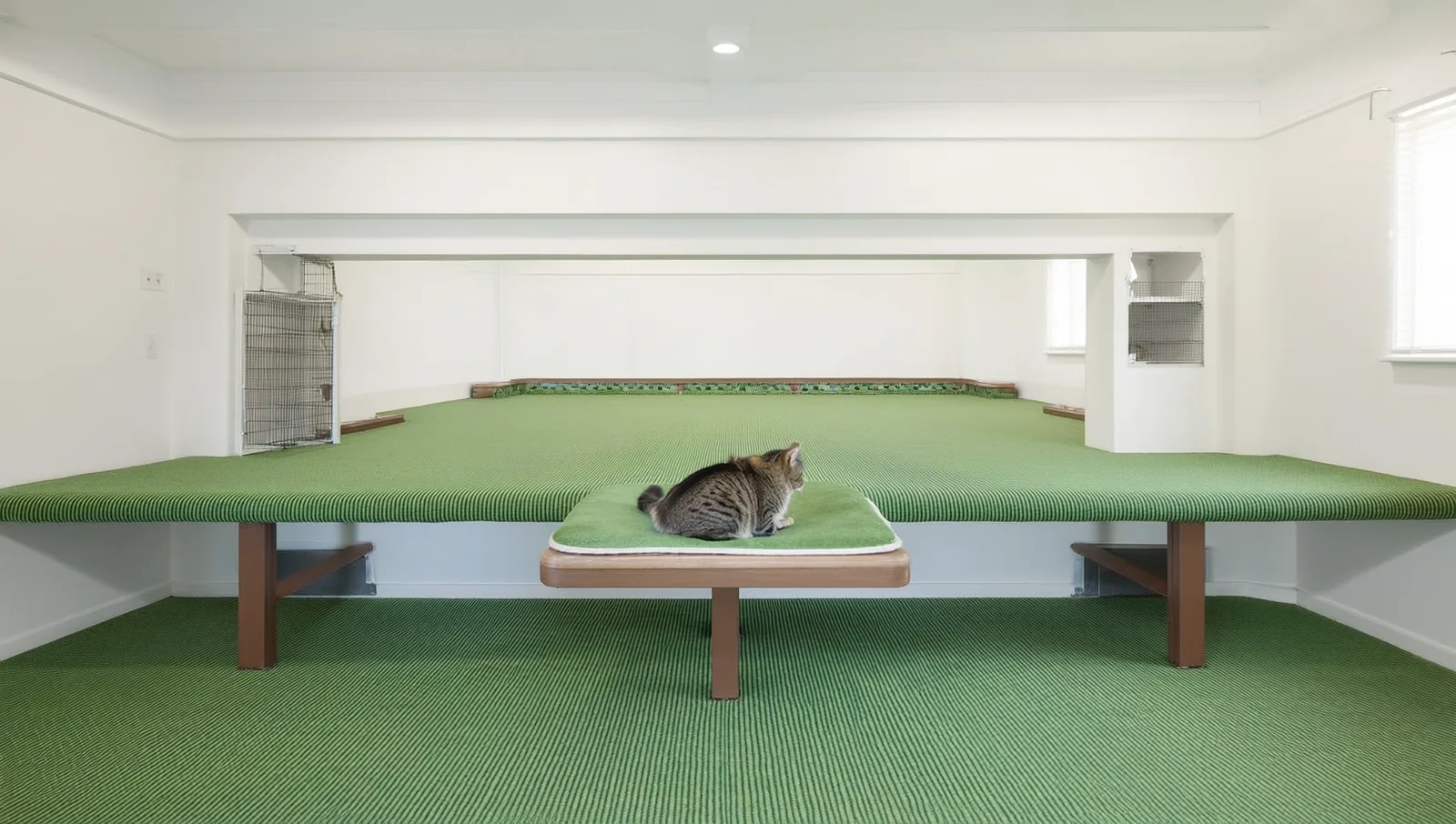A multi-level carpeted cat condo in a bright, cat-only boarding room with a calm cat resting on the middle platform.