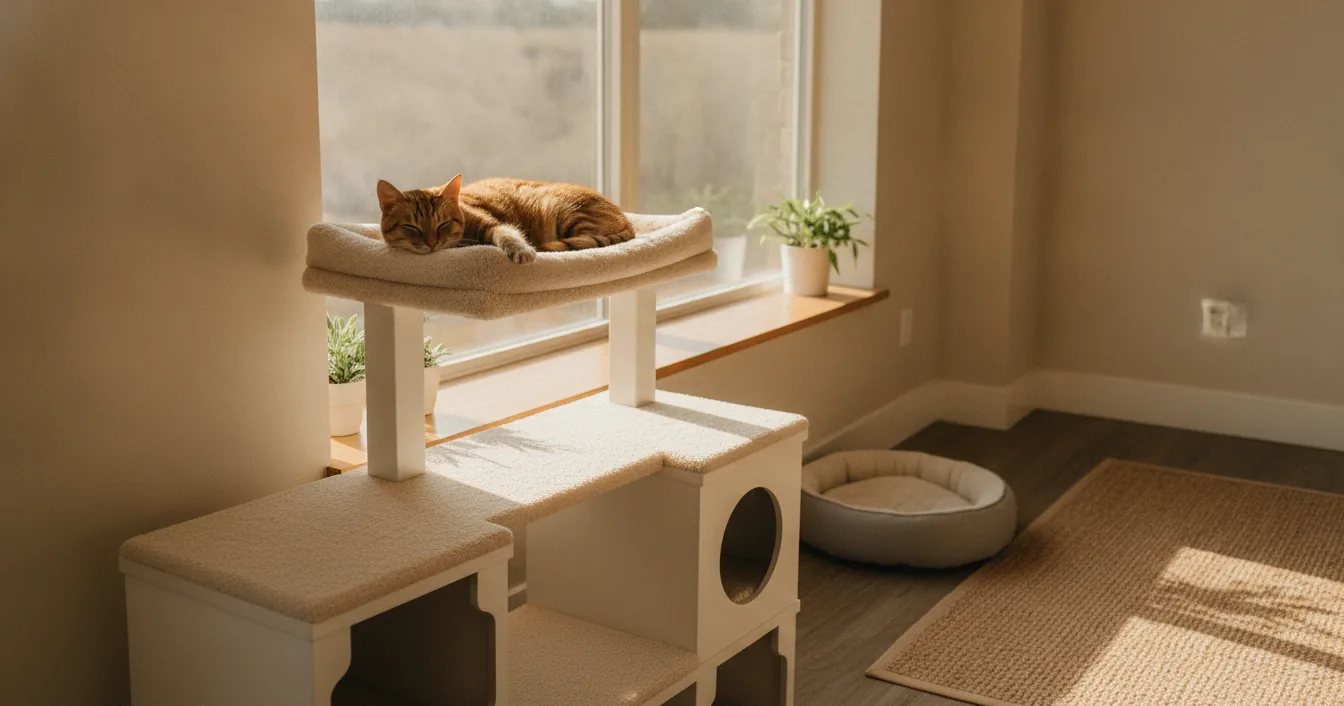 A content cat resting on a carpeted perch inside a bright, modern cat boarding suite.