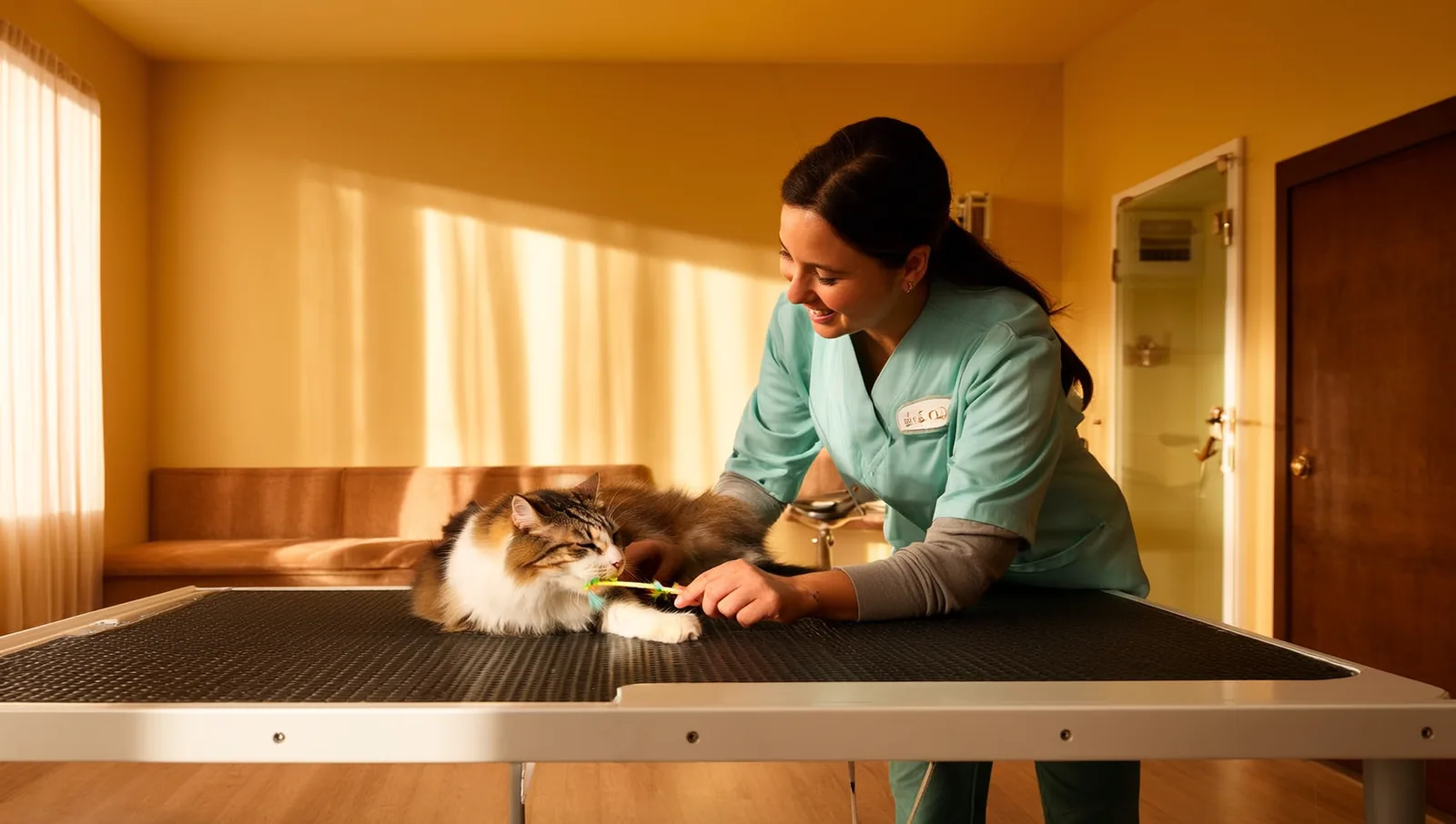 A cat hotel attendant playing with a relaxed cat using a feather wand toy in a sunlit boarding suite.
