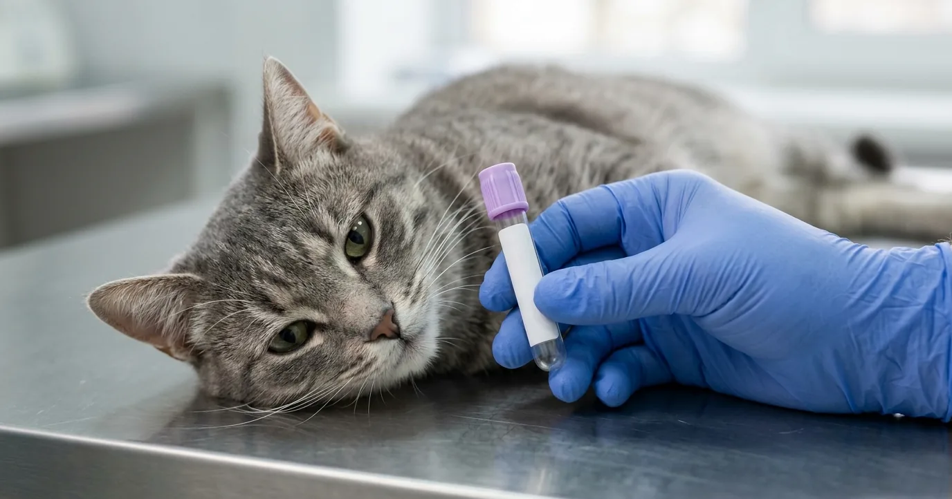 Gloved hand holding a blood tube beside a grey cat