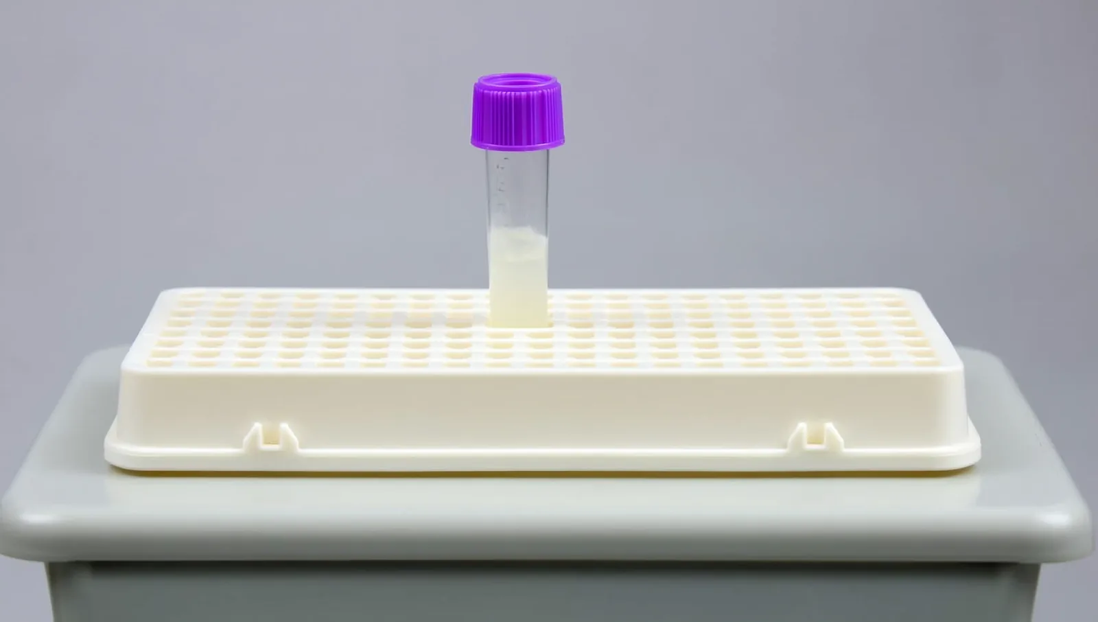 Sample tube with a purple cap standing in a lab rack