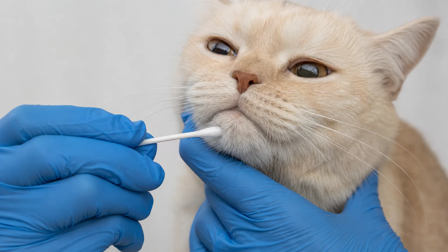 Veterinarian collecting a mouth swab from a cream cat