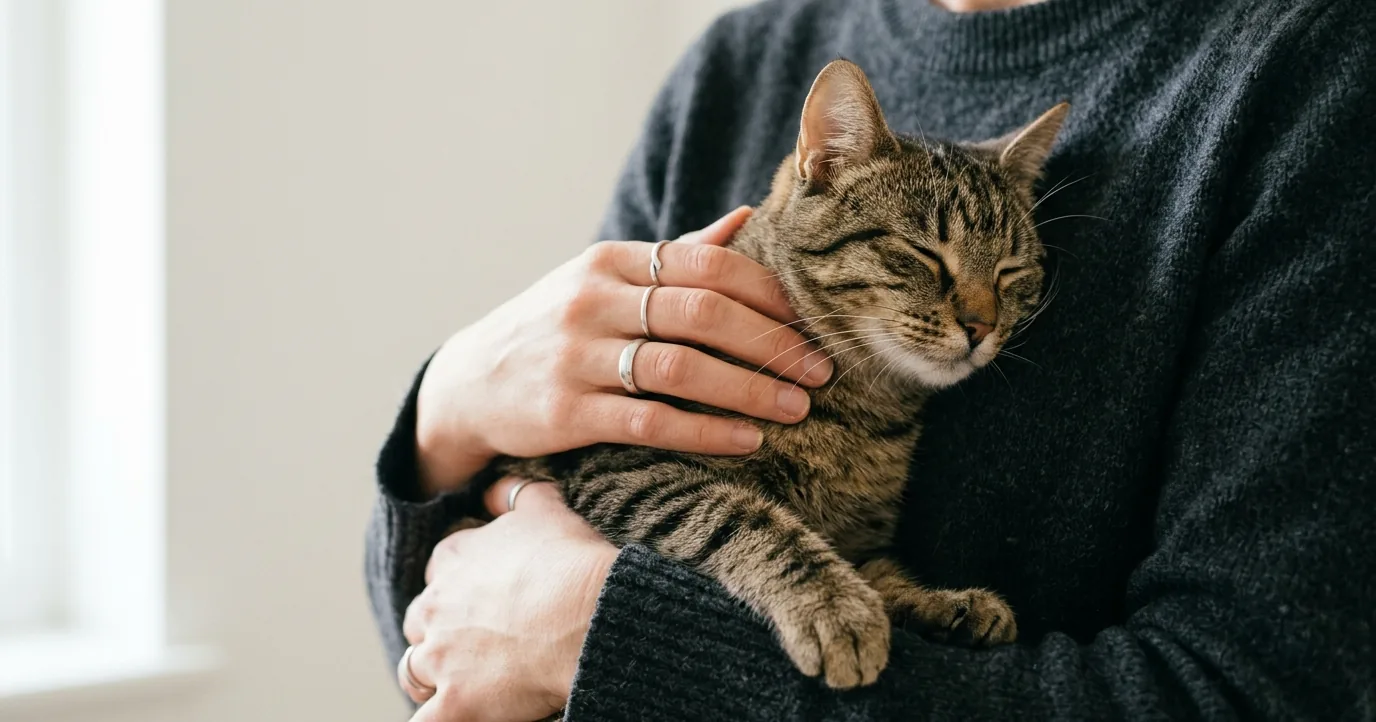 Person in a dark sweater holding a sleepy tabby cat