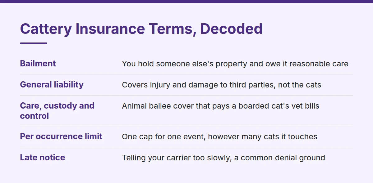 Summary card: Cattery Insurance Terms, Decoded