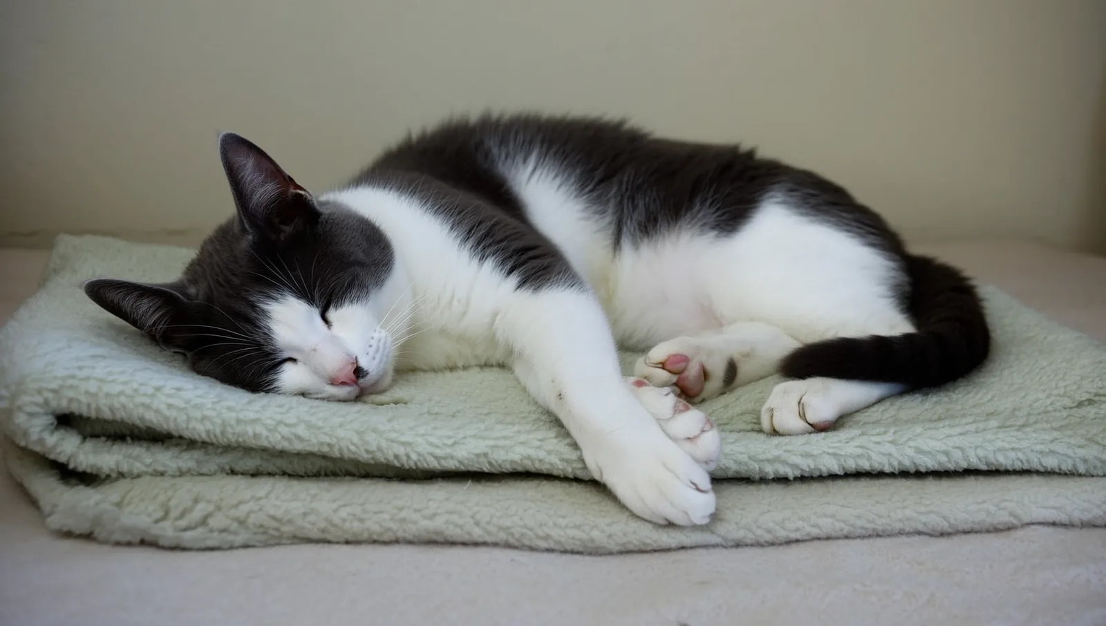 Grey and white cat asleep on a folded blanket