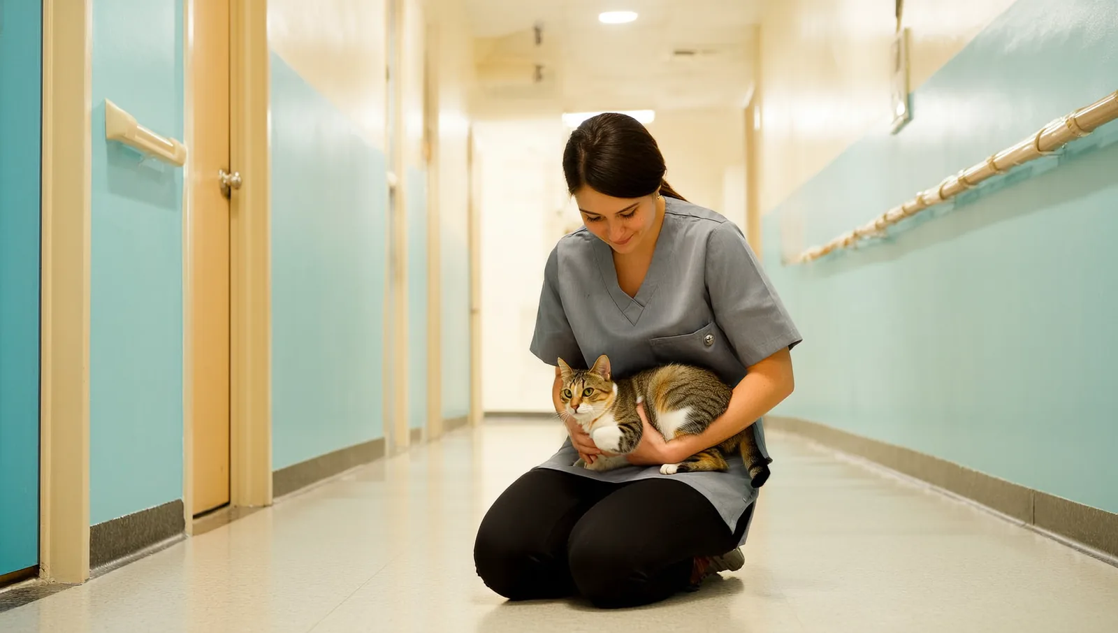 A pet care worker cradling a calm cat in her arms inside a bright boarding facility hallway.