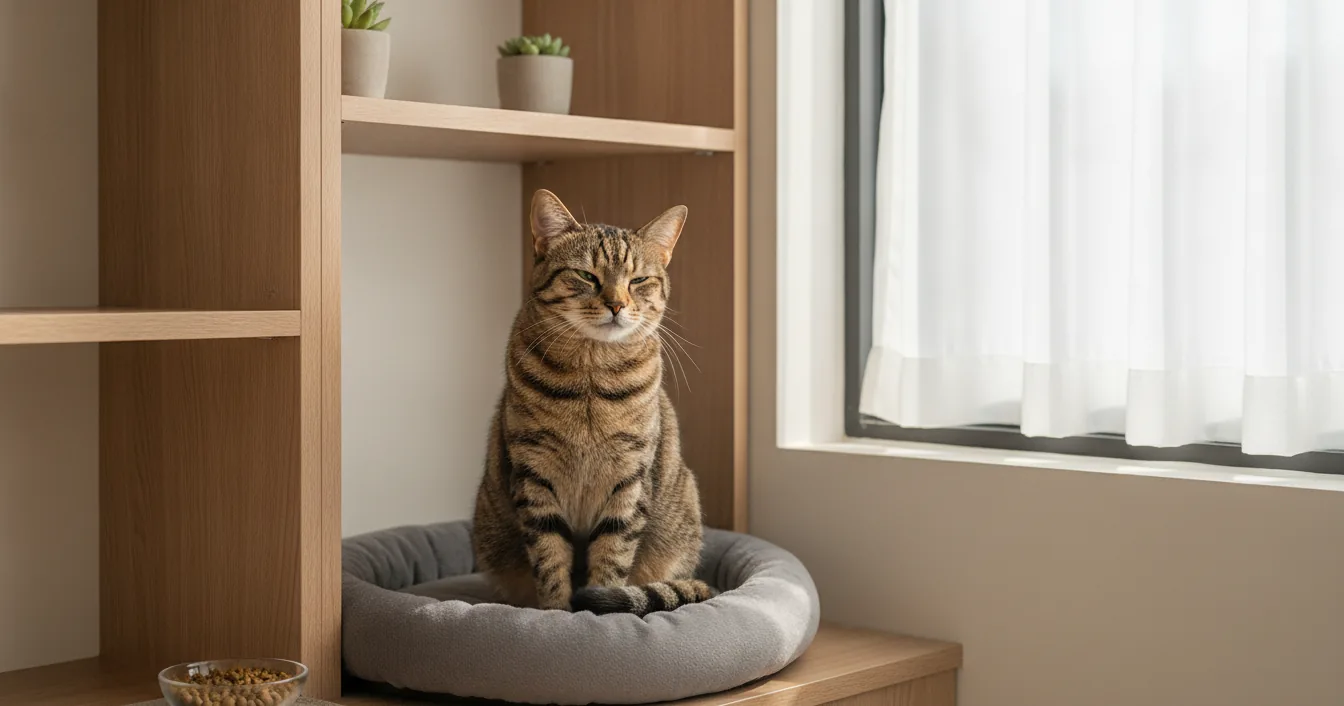 A cat sitting calmly inside a clean, modern boarding suite, the kind of facility owners evaluate for safety before booking.