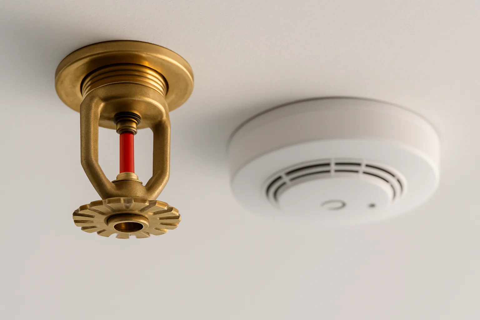 A brass fire sprinkler head and a smoke detector mounted on a clean white facility ceiling.
