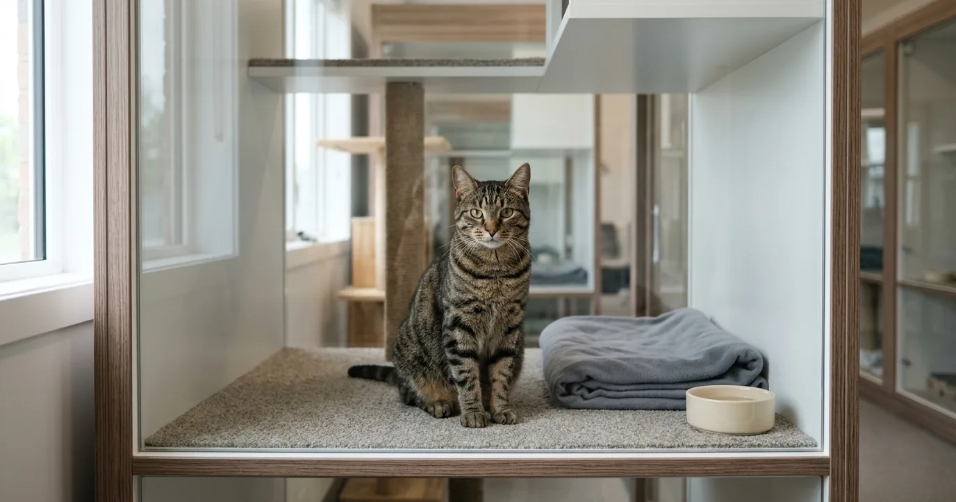 Tabby cat sitting on a carpeted perch in a boarding suite