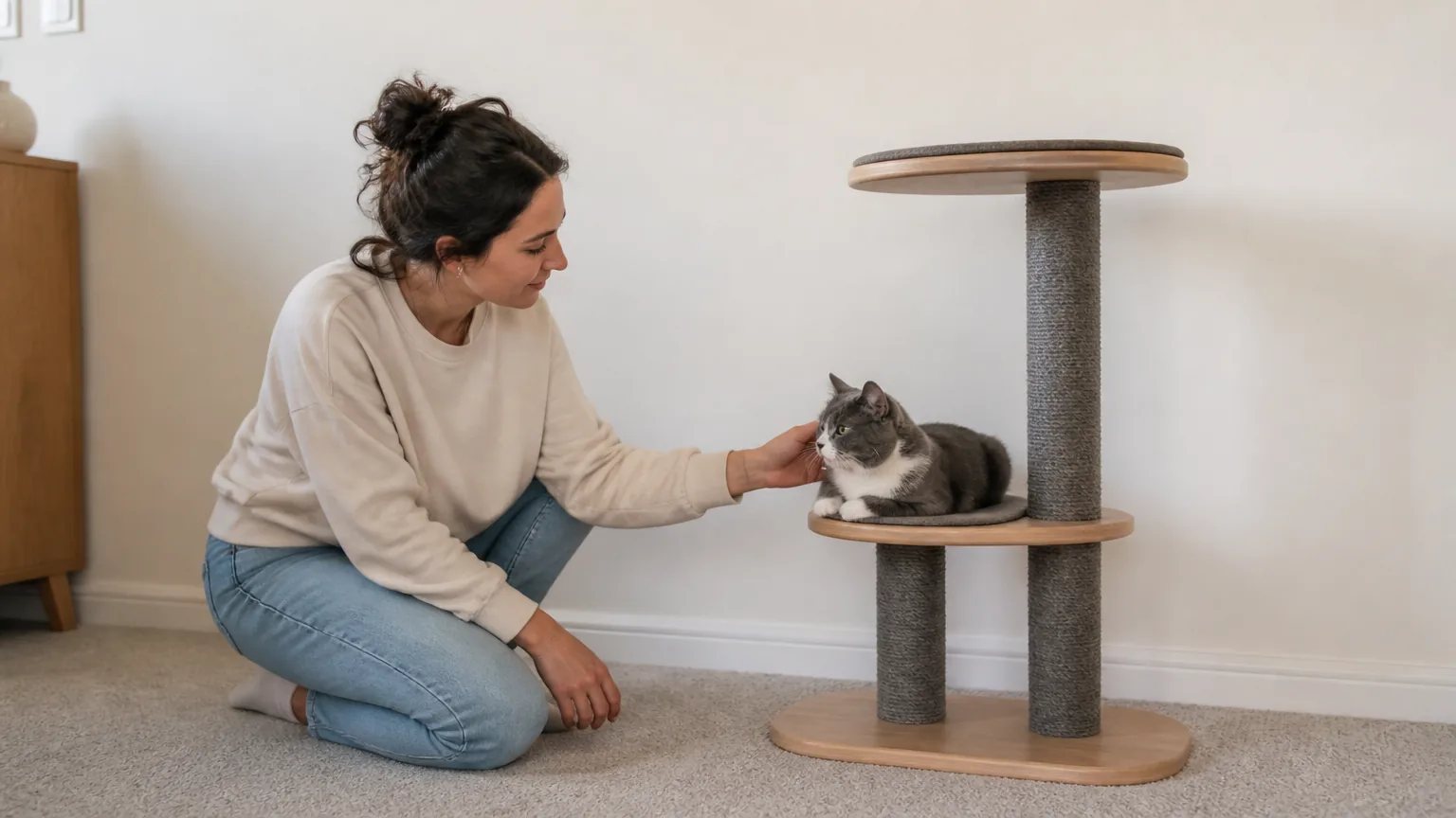 Woman kneeling beside a cat tree to stroke a grey and white cat