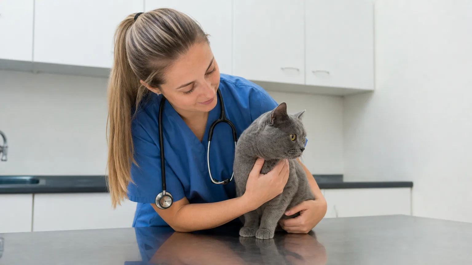 Veterinarian in scrubs holding a grey cat on a clinic table