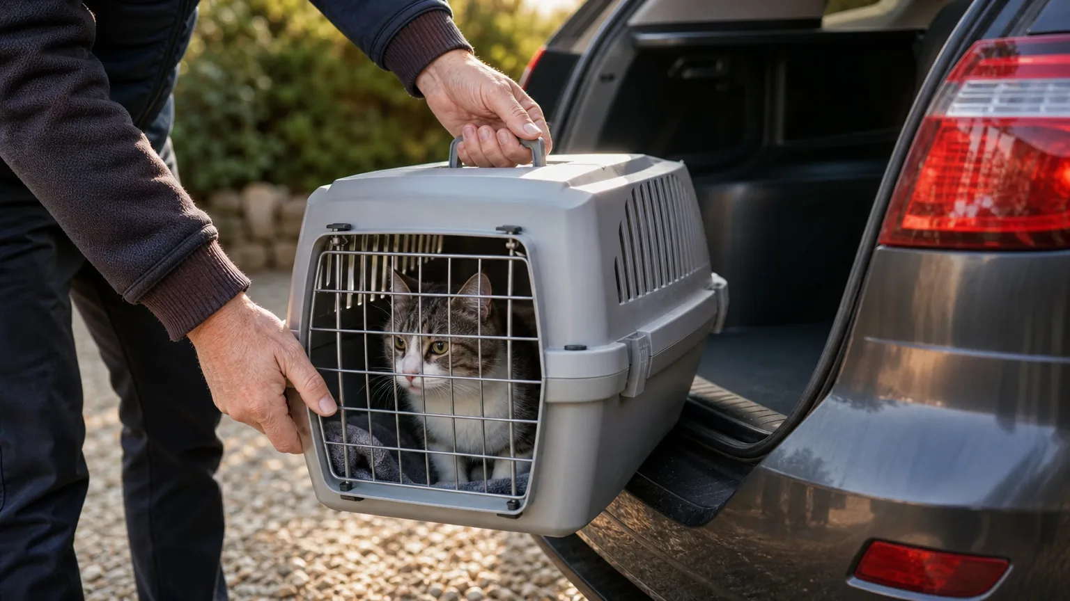 Hands lifting a cat carrier out of a car boot