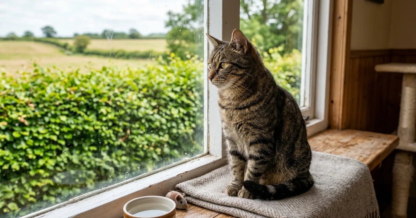 Tabby cat on a windowsill looking out at fields