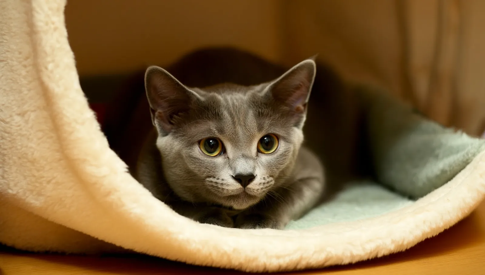 Grey cat crouched inside a covered fleece bed