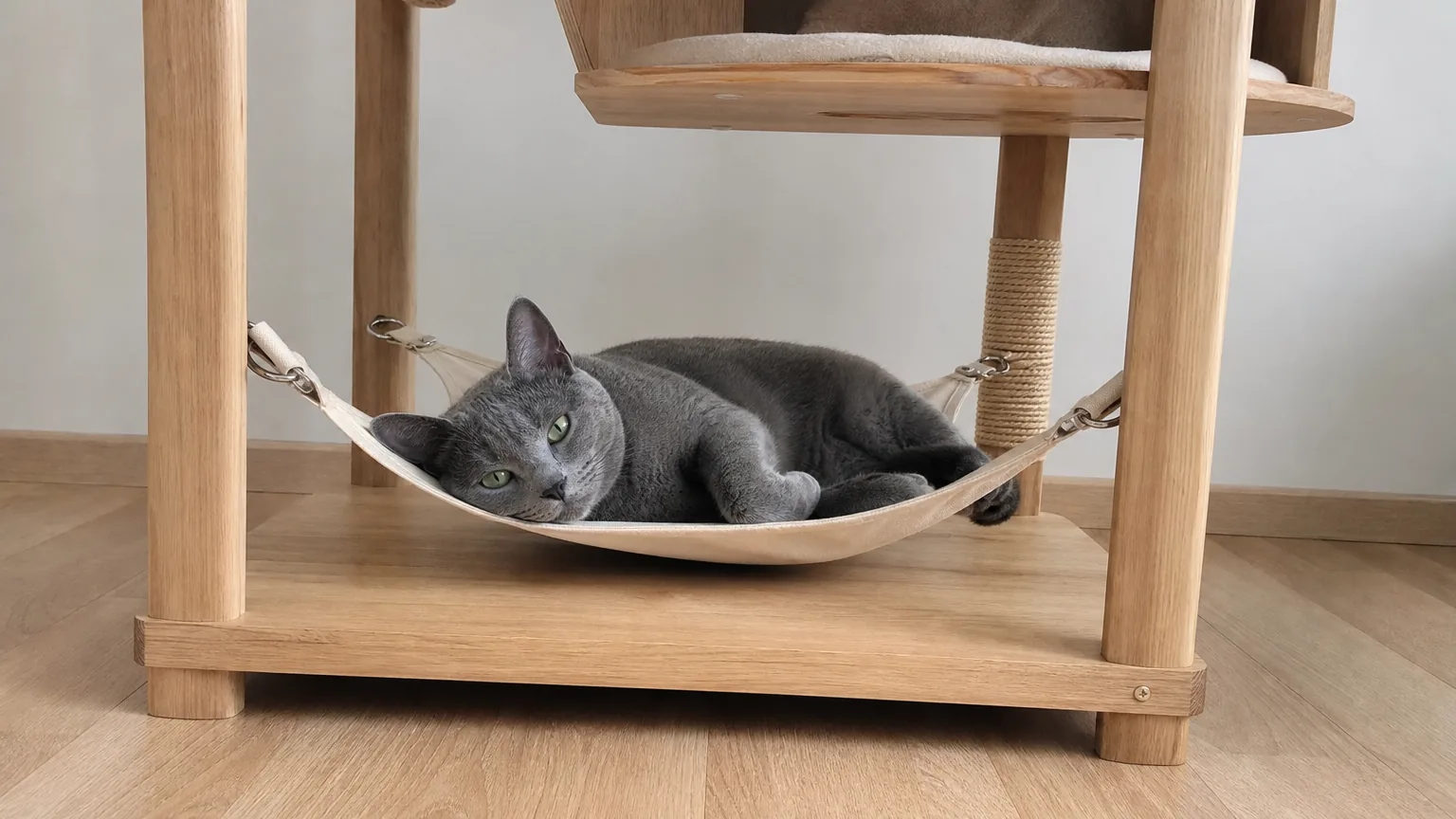 Grey cat lying in a canvas hammock on a cat tower