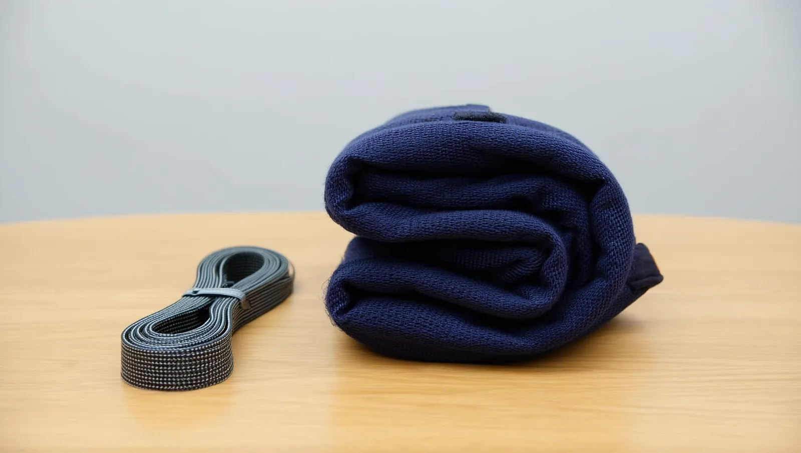 Folded navy blanket and a coiled lead on a table