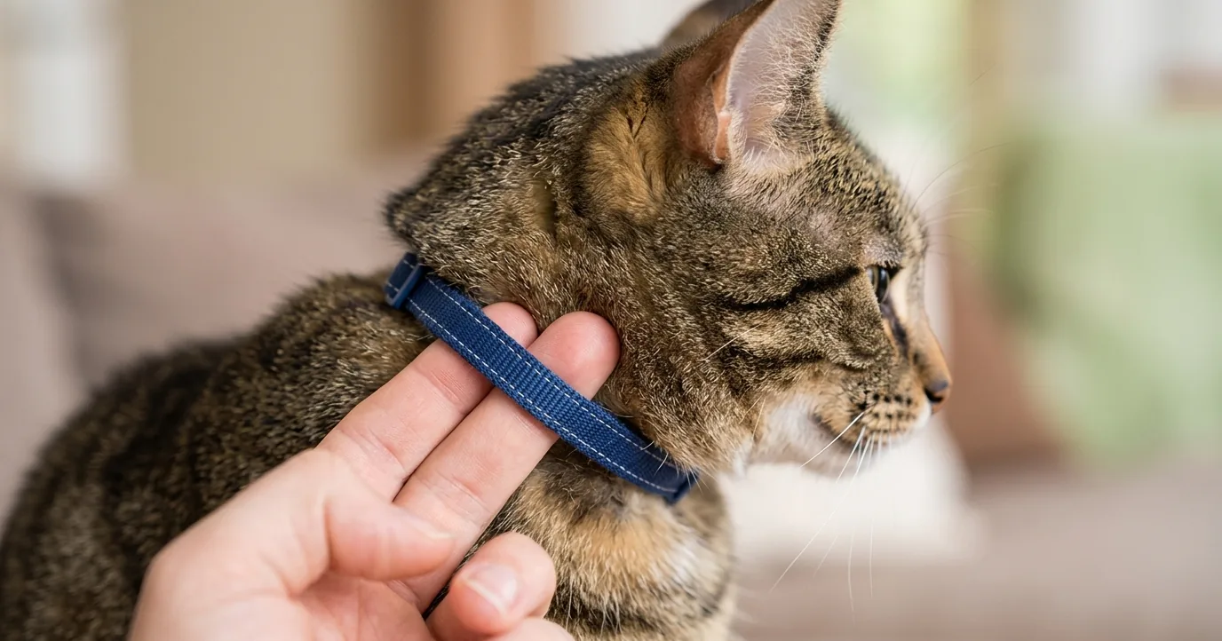 Fingers slipped under a blue collar on a tabby cat