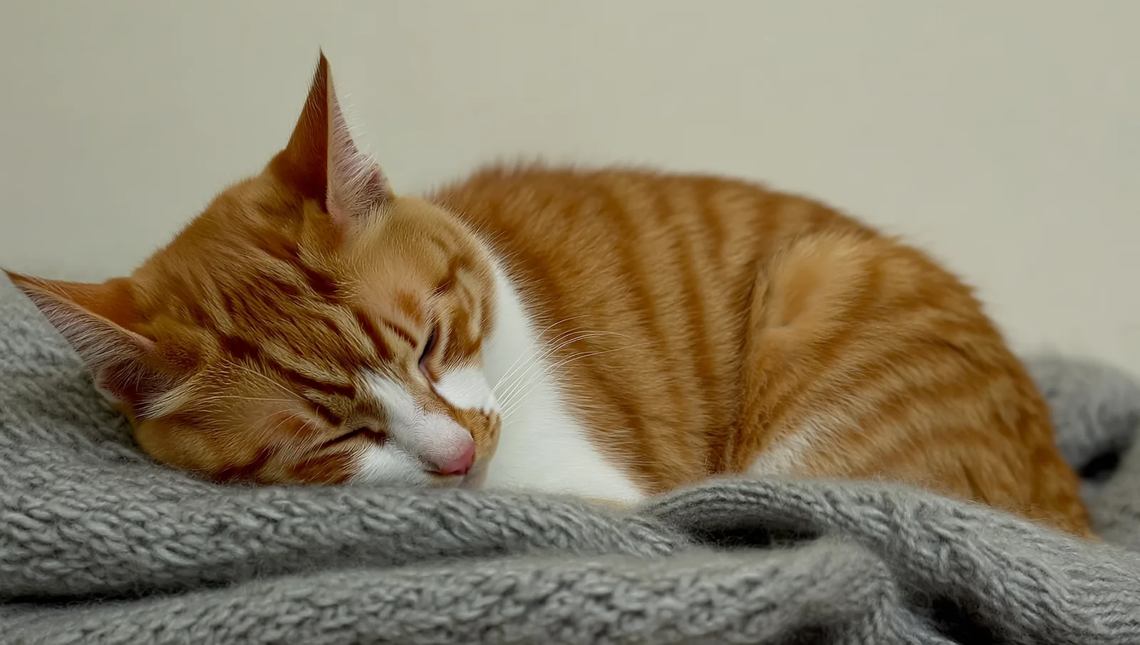 A ginger and white cat asleep curled on a grey knitted blanket