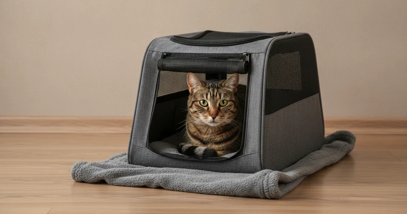 A tabby cat crouched at the back of an open carrier