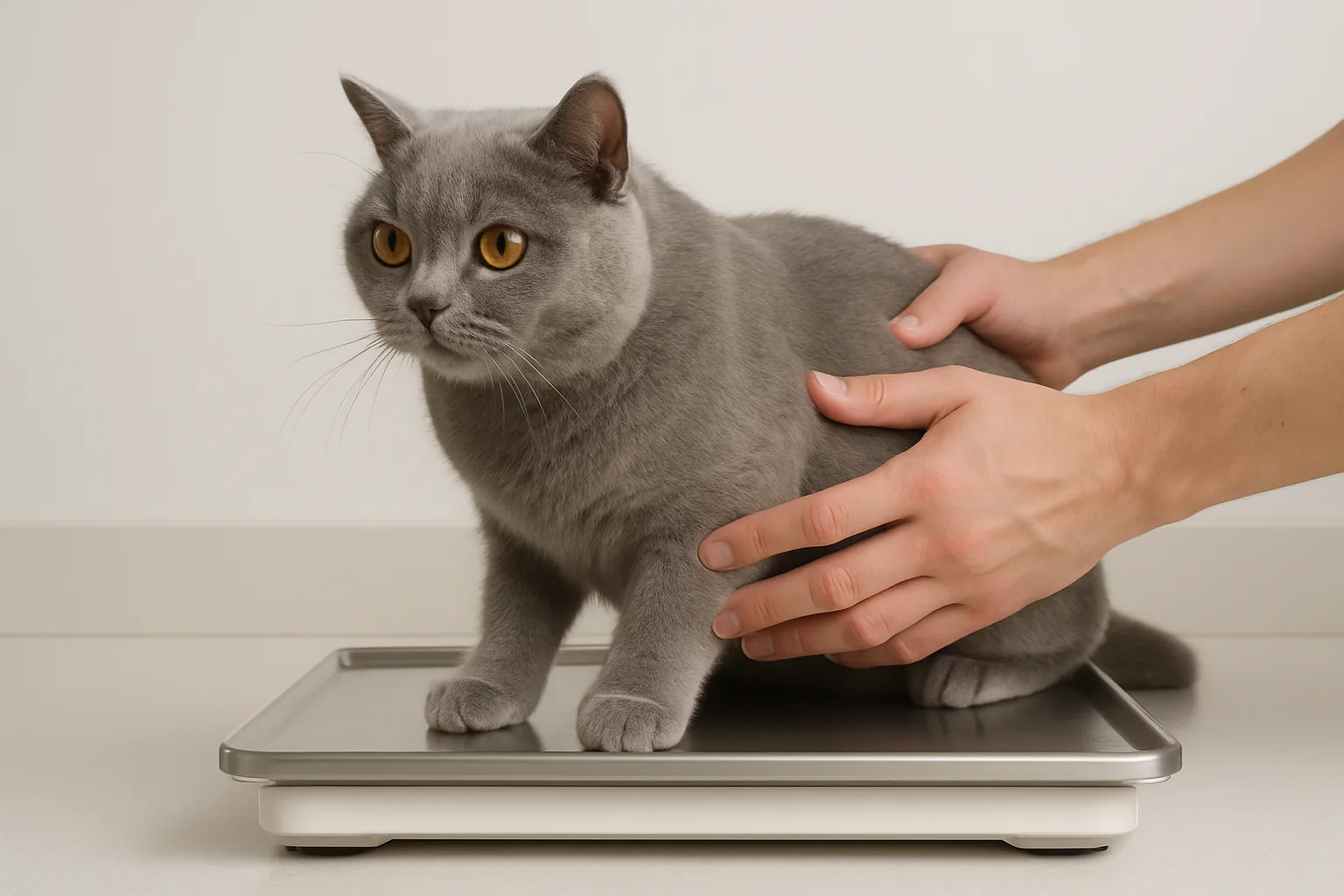 Hands steadying a grey cat standing on a flat weighing scale