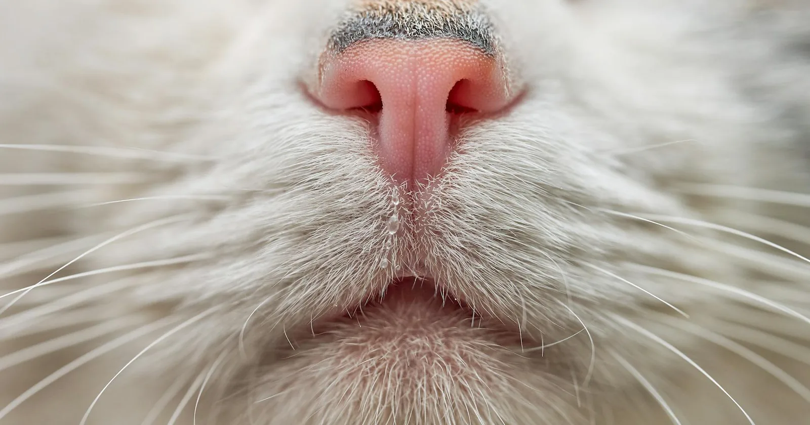 Macro close-up of a cat's pink nose and whiskers, the focal area for feline upper respiratory infection.