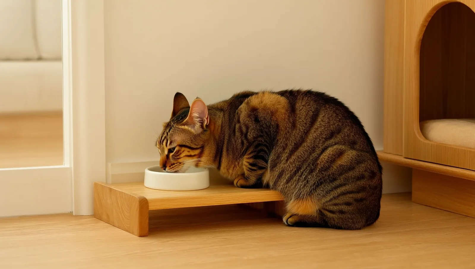 A tabby cat eating from a shallow dish on a low raised wooden feeding stand in a calm boarding suite.