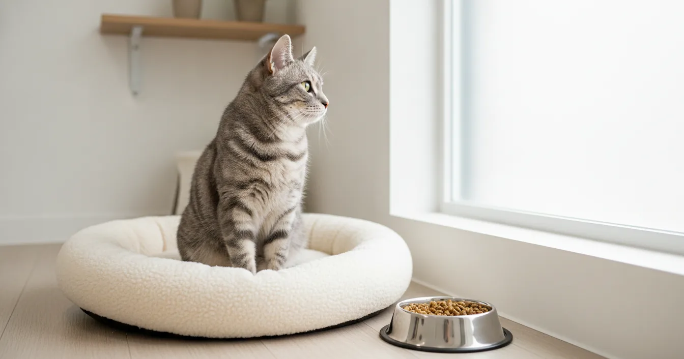 A silver tabby cat sitting in a soft bed in a bright boarding suite, looking away from a full bowl of food on the floor.
