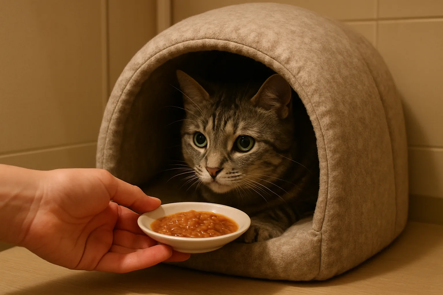 A hand offering a small dish of warm wet food to a shy tabby cat peeking out from a covered cave bed in a quiet suite.